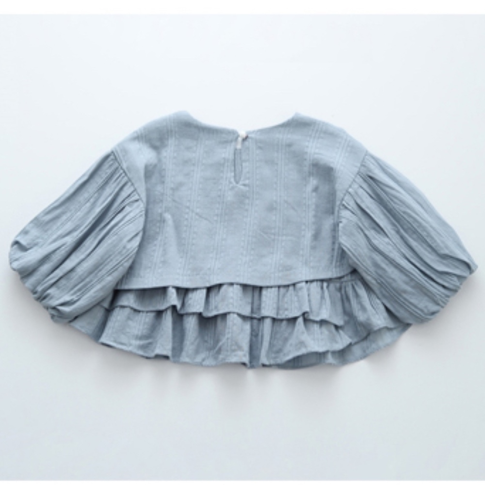 Girls Long Bell Sleeve Ruffle Cotton Blouse Shirts - Picture 2 of 2